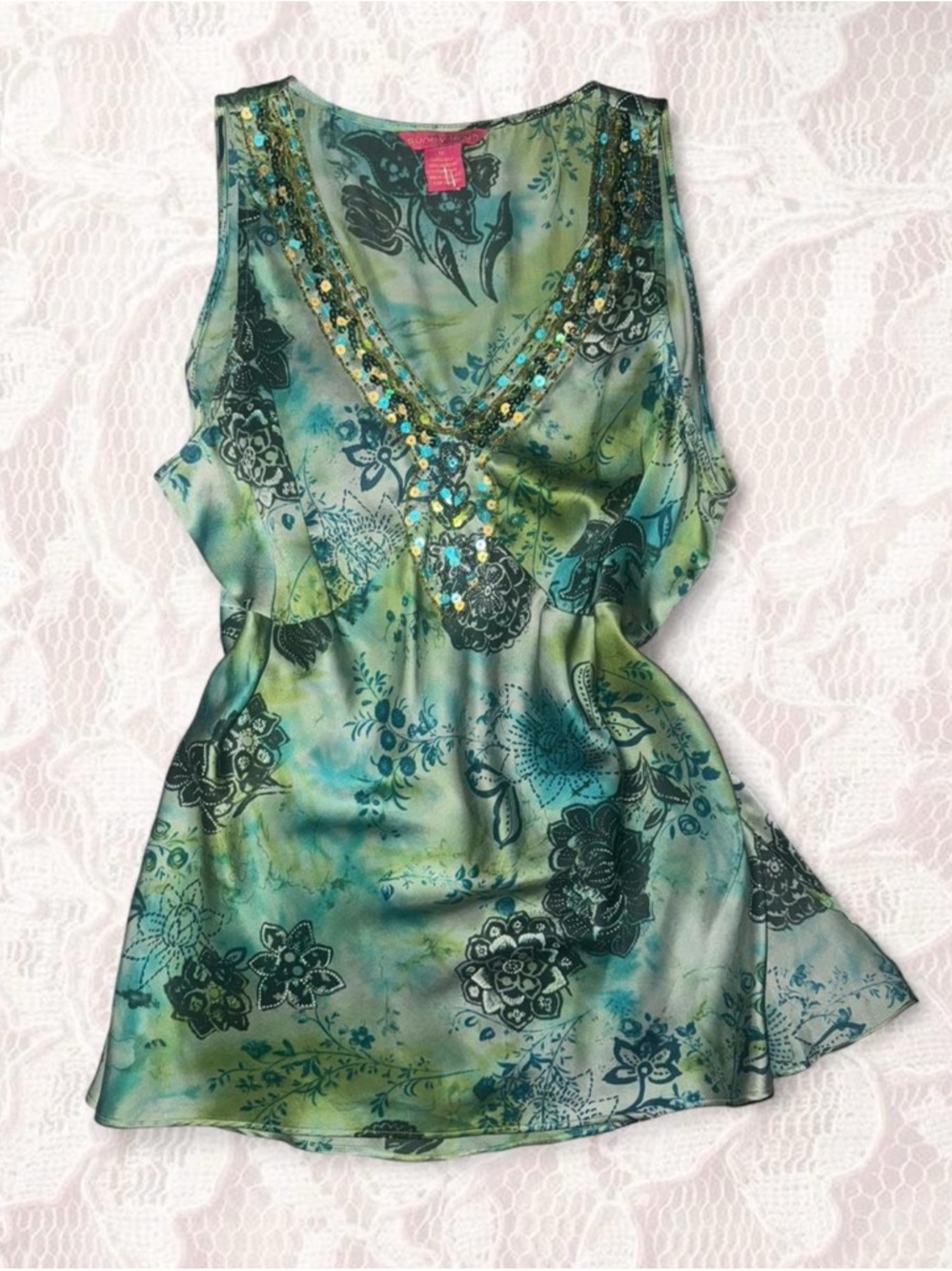 Beaded V-Neck Floral Silk Tank Top - Green